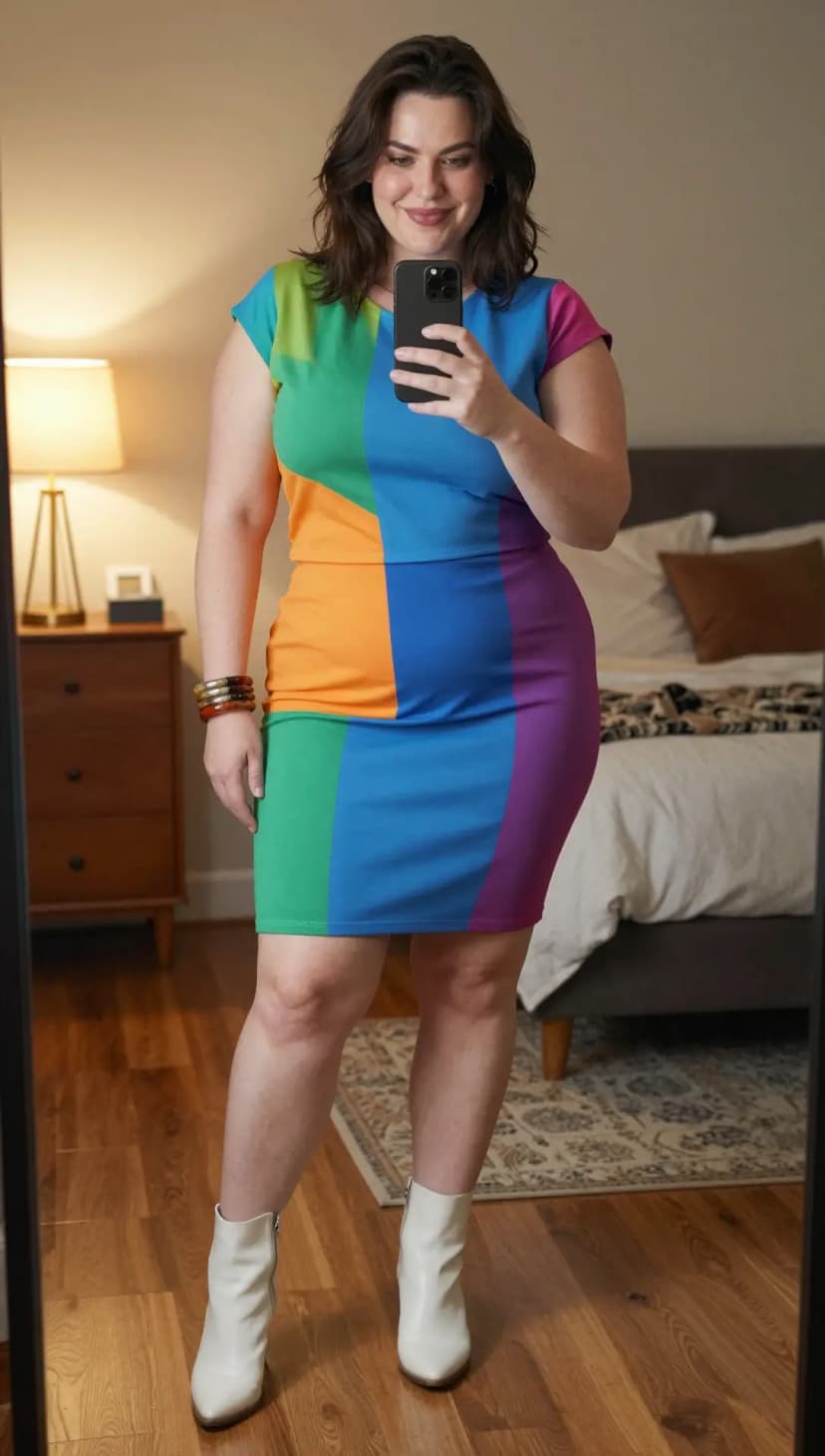 Colorblock Jersey Sheath Dress + White Leather Ankle Boots