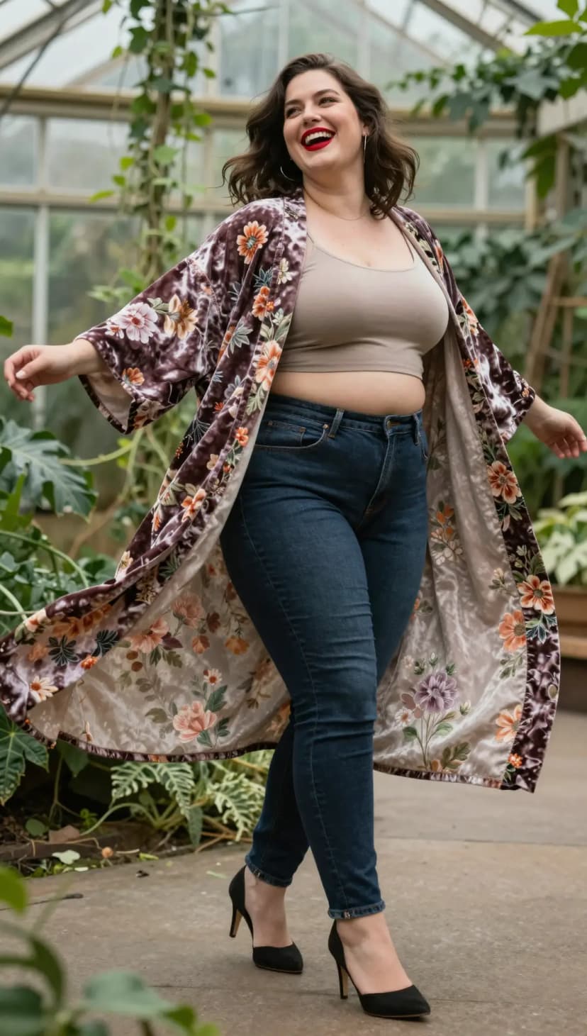 Taupe Crop Top + Blue Denim Skinny Jeans + Brown Floral Velvet Duster