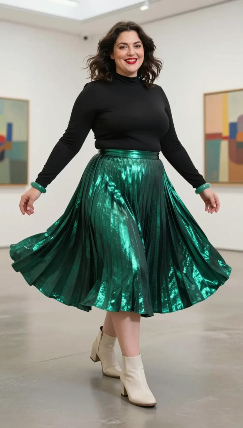 Black Long Sleeve Top + Emerald Green Metallic Pleated Midi Skirt + Cream Leather Ankle Boots