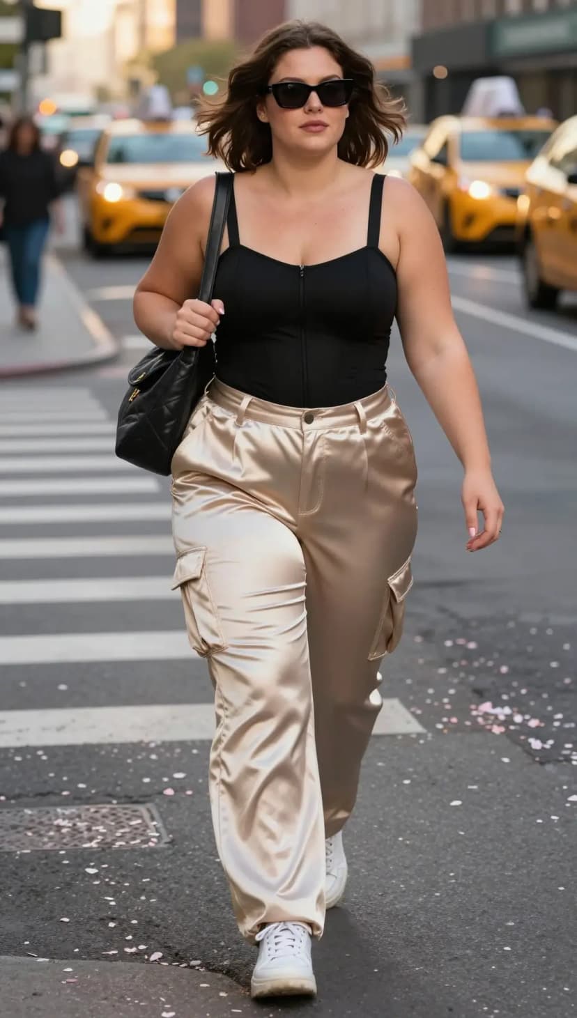 Black Corset Top + Champagne Satin Cargo Pants