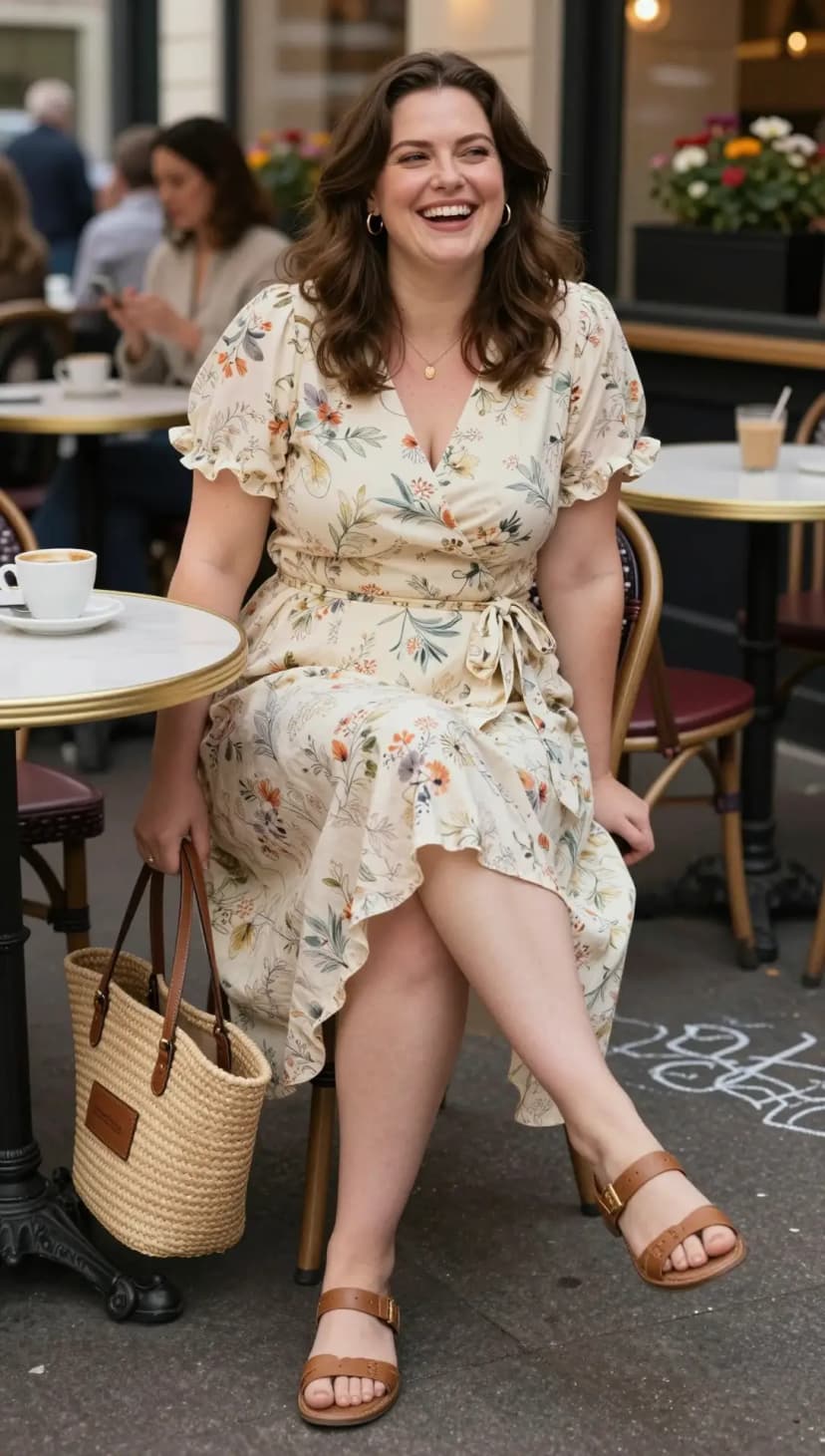 Cream Floral Print Chiffon Wrap Midi Dress + Tan Leather Flat Sandals