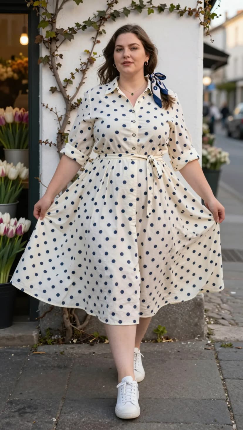 Cream Polka Dot Cotton Midi Dress + White Leather Sneakers