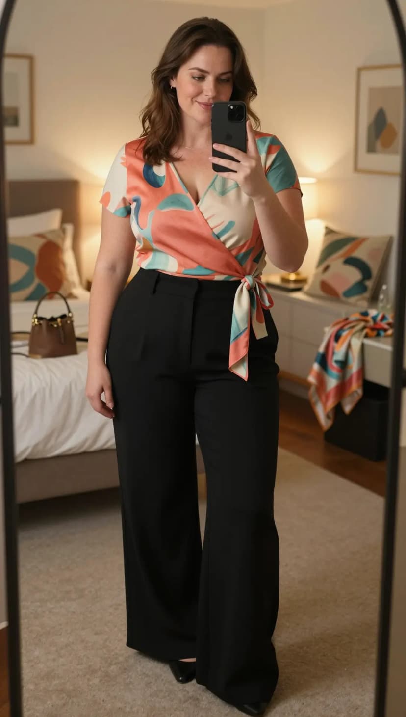 Multicolor Abstract Print Wrap Top + Black Wide-Leg Trousers