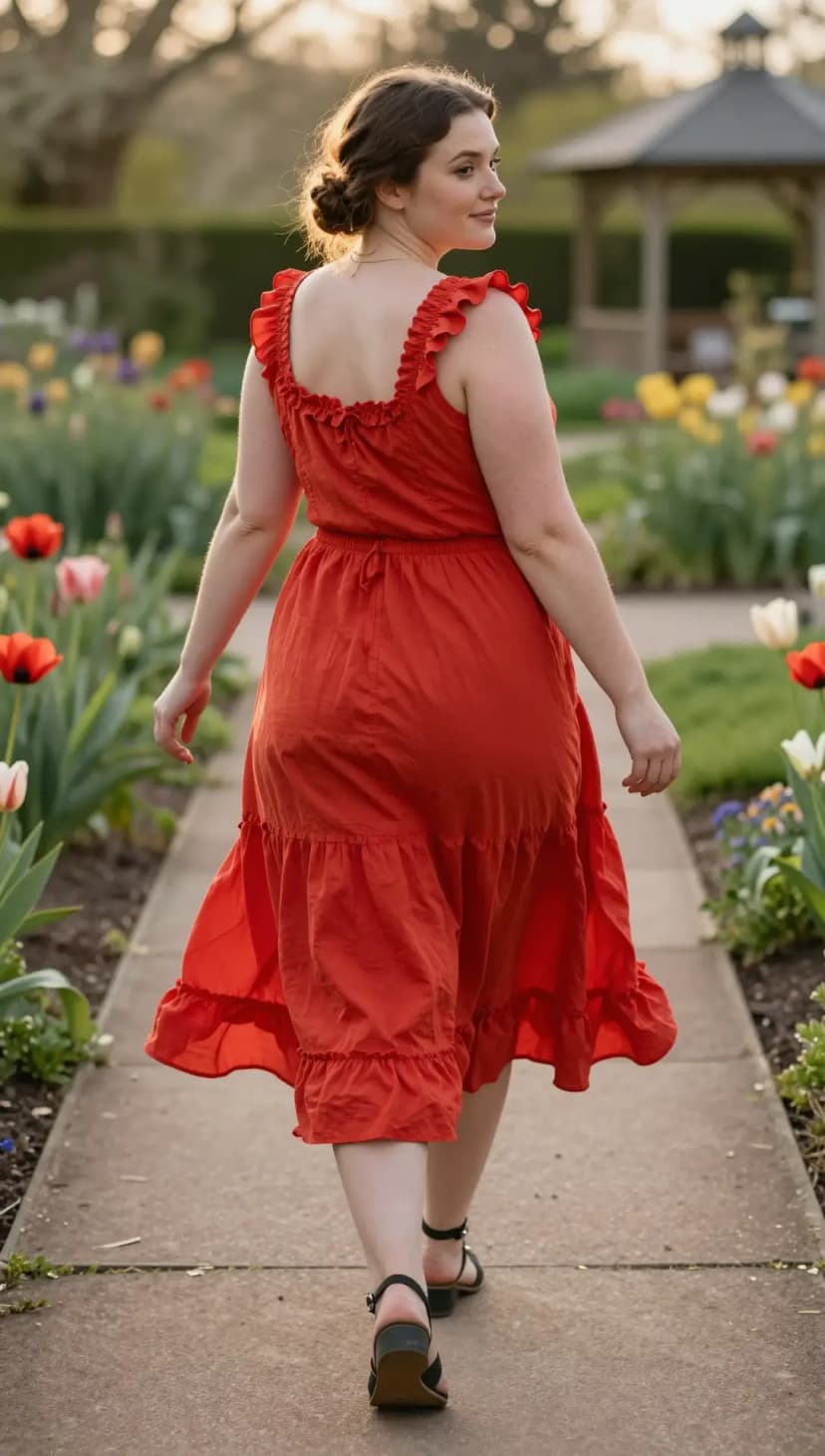 Red Tiered Cotton Sundress + Black Block Heel Sandals