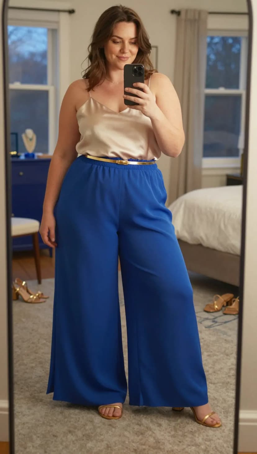 Cream Satin Camisole + Royal Blue Wide-Leg Trousers + Gold Metallic Belt