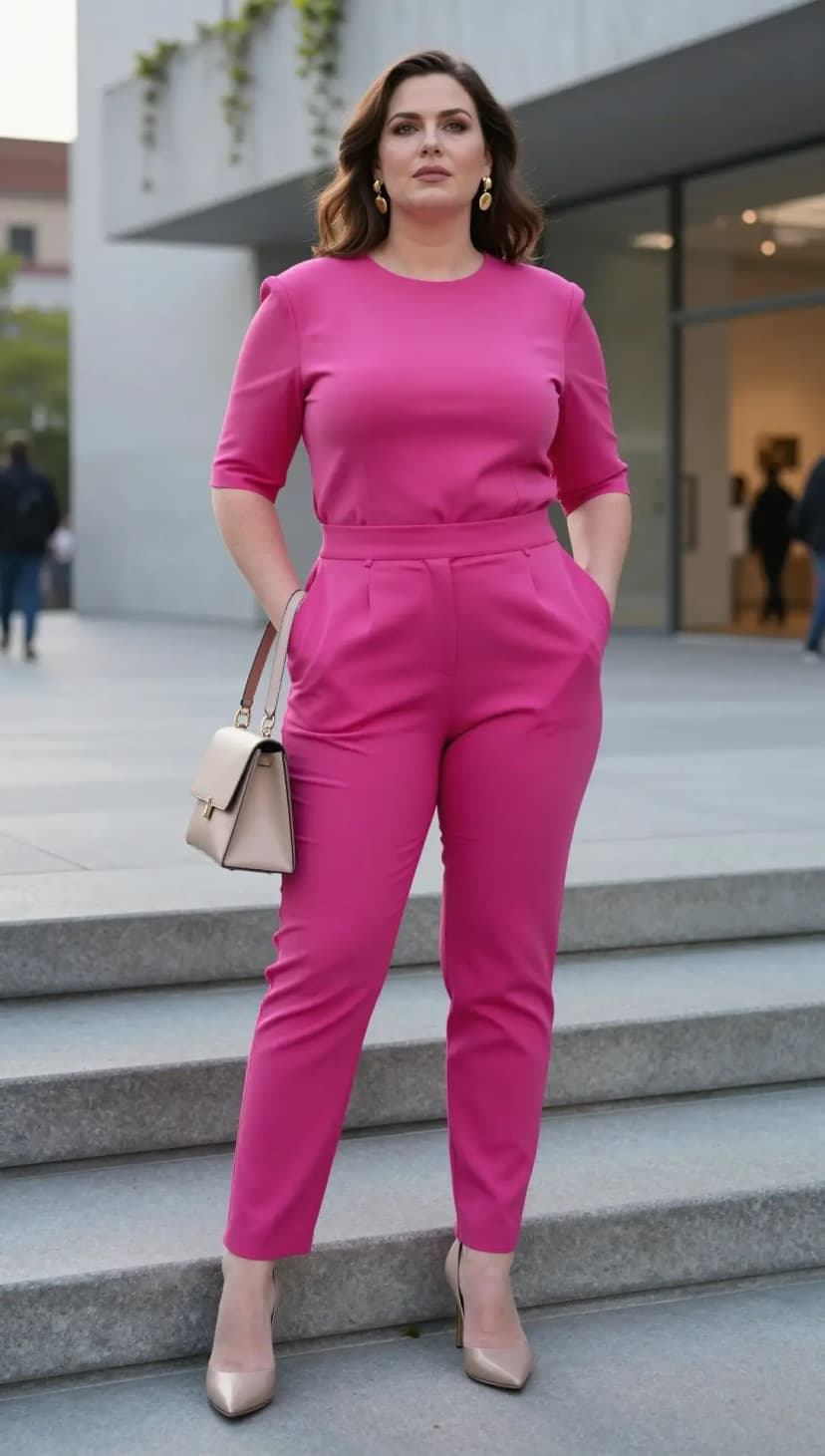 Hot Pink Crepe Jumpsuit + Beige Leather Satchel + Gold Statement Earrings