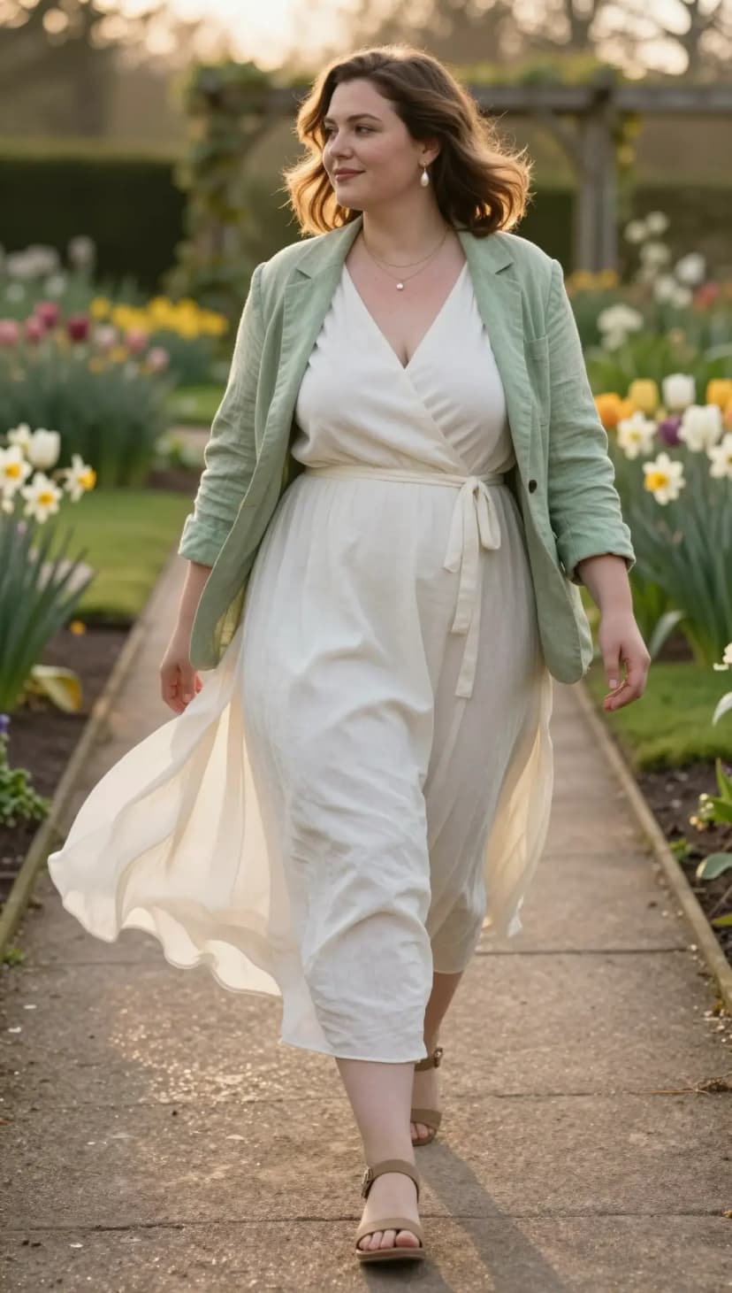 Cream Wrap Maxi Dress + Sage Linen Blazer + Tan Block Heel Sandals
