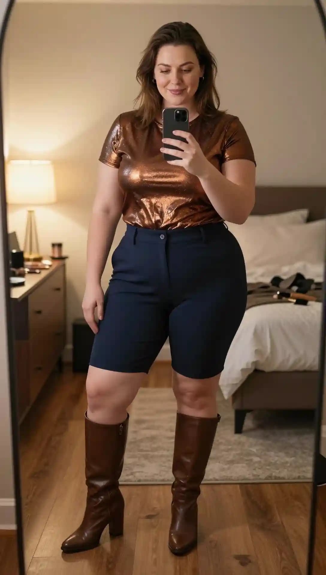 Bronze Metallic T-shirt + Navy Tailored Shorts + Brown Leather Boots