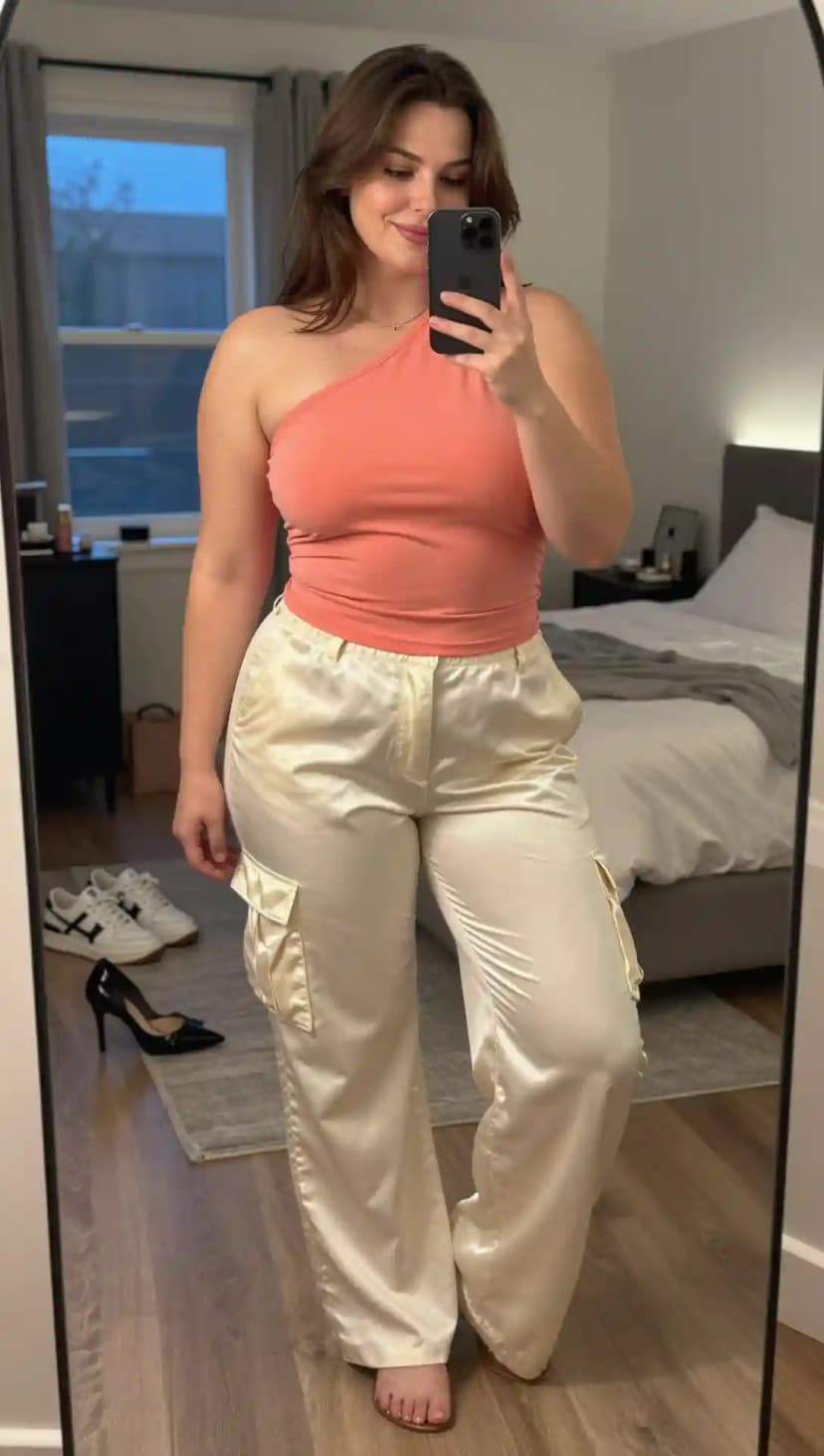 Coral One Shoulder Top + Cream Satin Cargo Pants