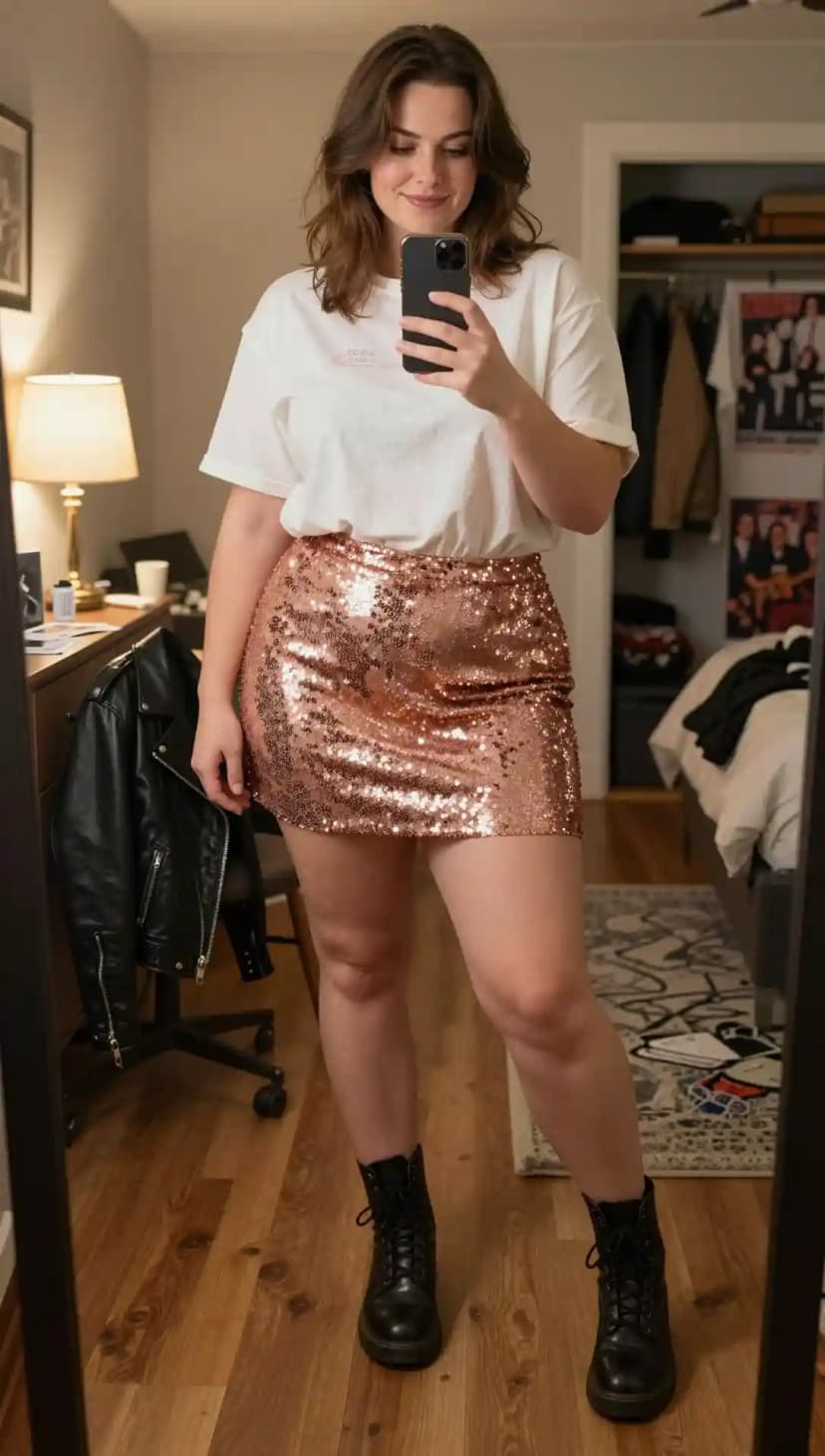 White Cotton T-shirt + Rose Gold Sequin Mini Skirt + Black Leather Boots