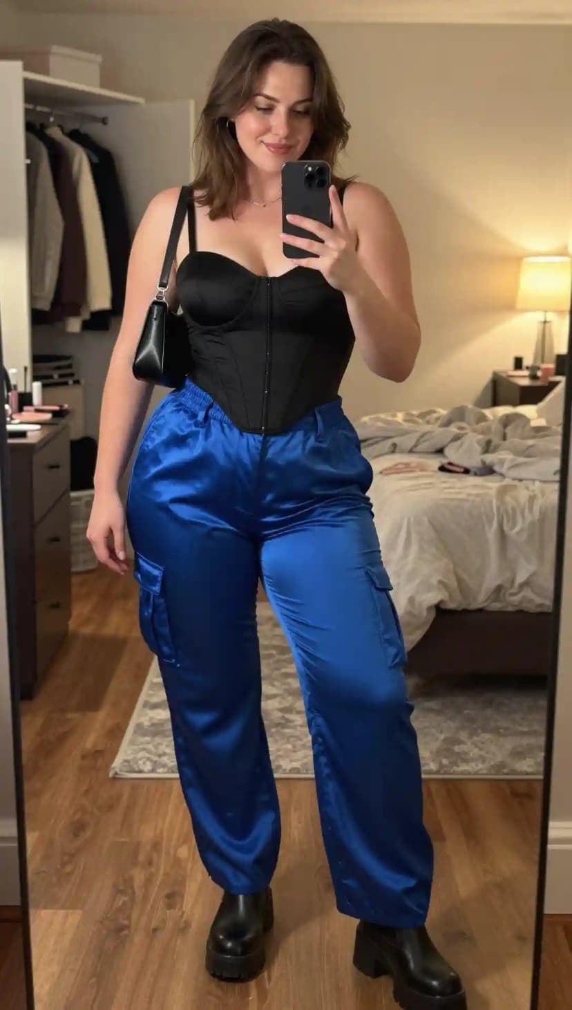 Black Satin Corset Top + Royal Blue Satin Cargo Pants + Black Leather Boots