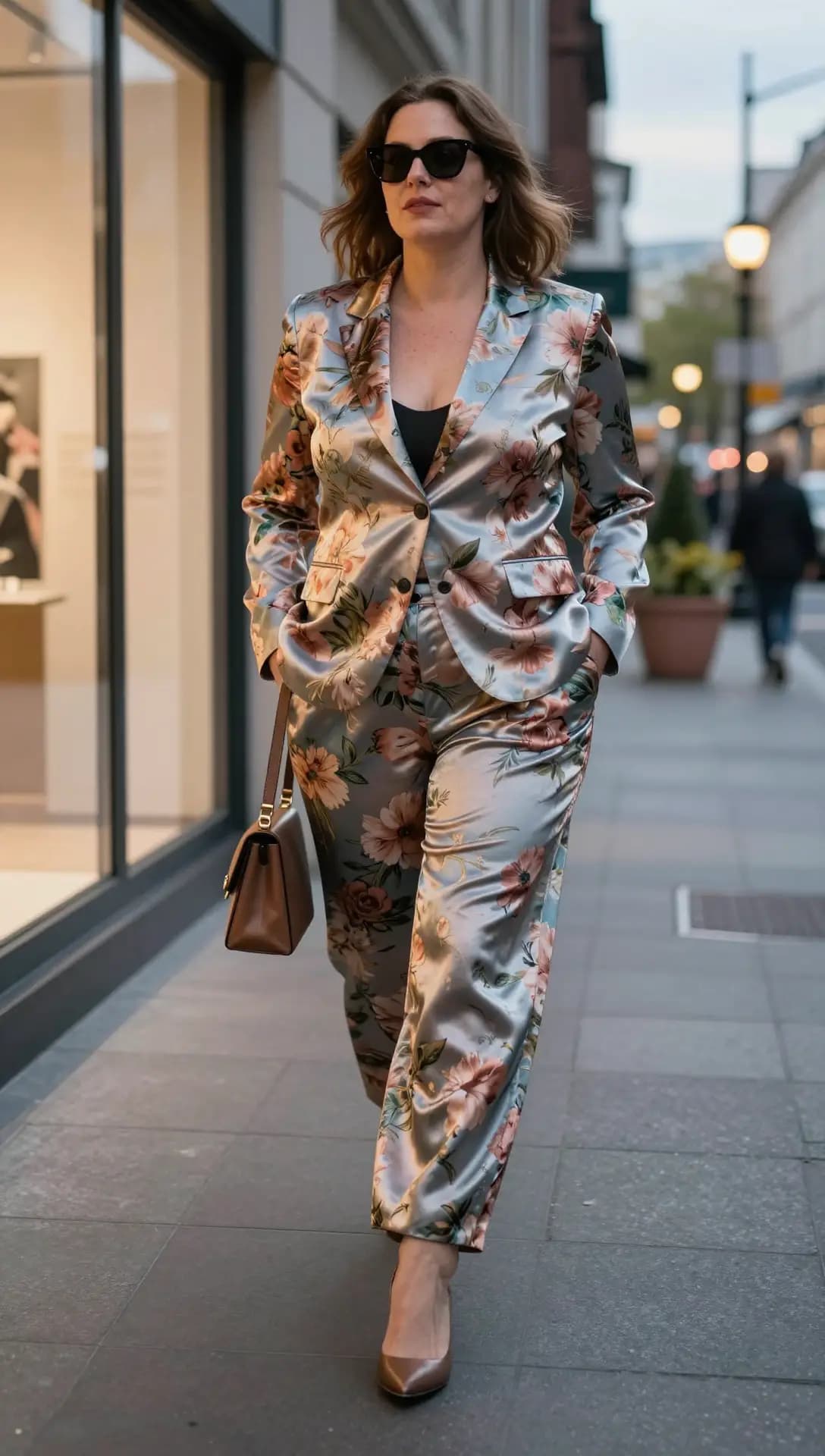 Light Blue Floral Satin Blazer + Light Blue Floral Satin Trousers + Black V-Neck Camisole + Tan Leather Shoulder Bag + Tan Pointed-Toe Heels
