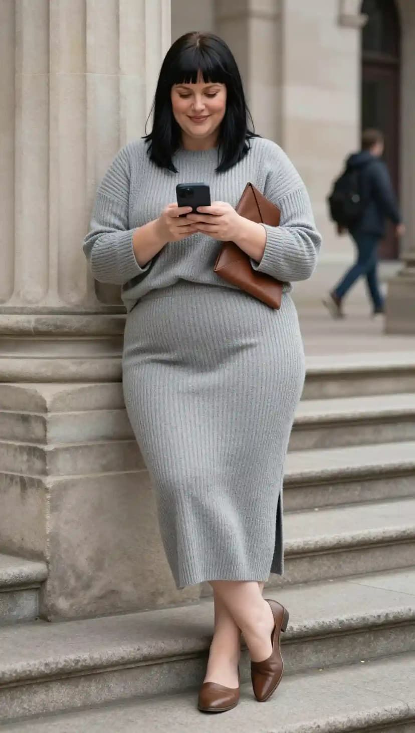 Grey Ribbed Knit Sweater + Grey Ribbed Knit Midi Skirt + Brown Leather Clutch + Brown Leather Flats