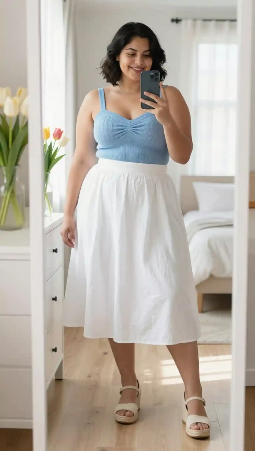 Blue Knit Ribbed Tank + White Cotton Midi Skirt