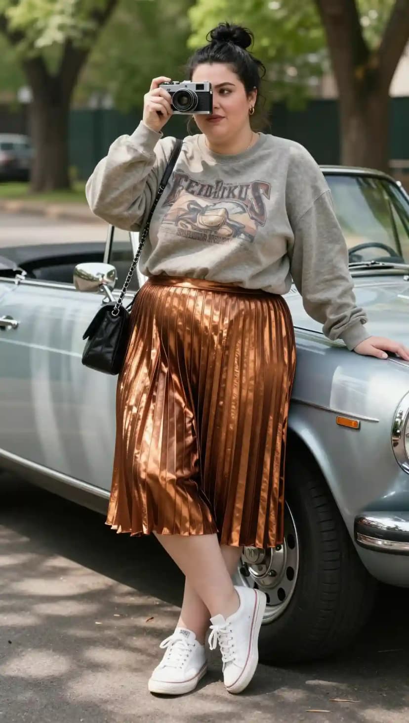 Grey Graphic Sweatshirt + Bronze Satin Pleated Midi Skirt + White Canvas Sneakers