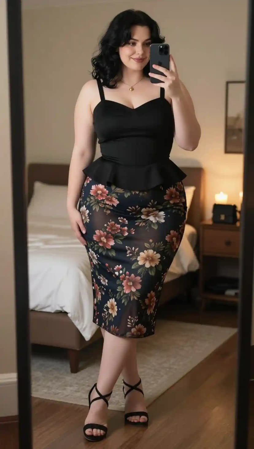 Black Peplum Corset Top + Navy Floral Print Sheer Midi Skirt + Black Strappy Heels