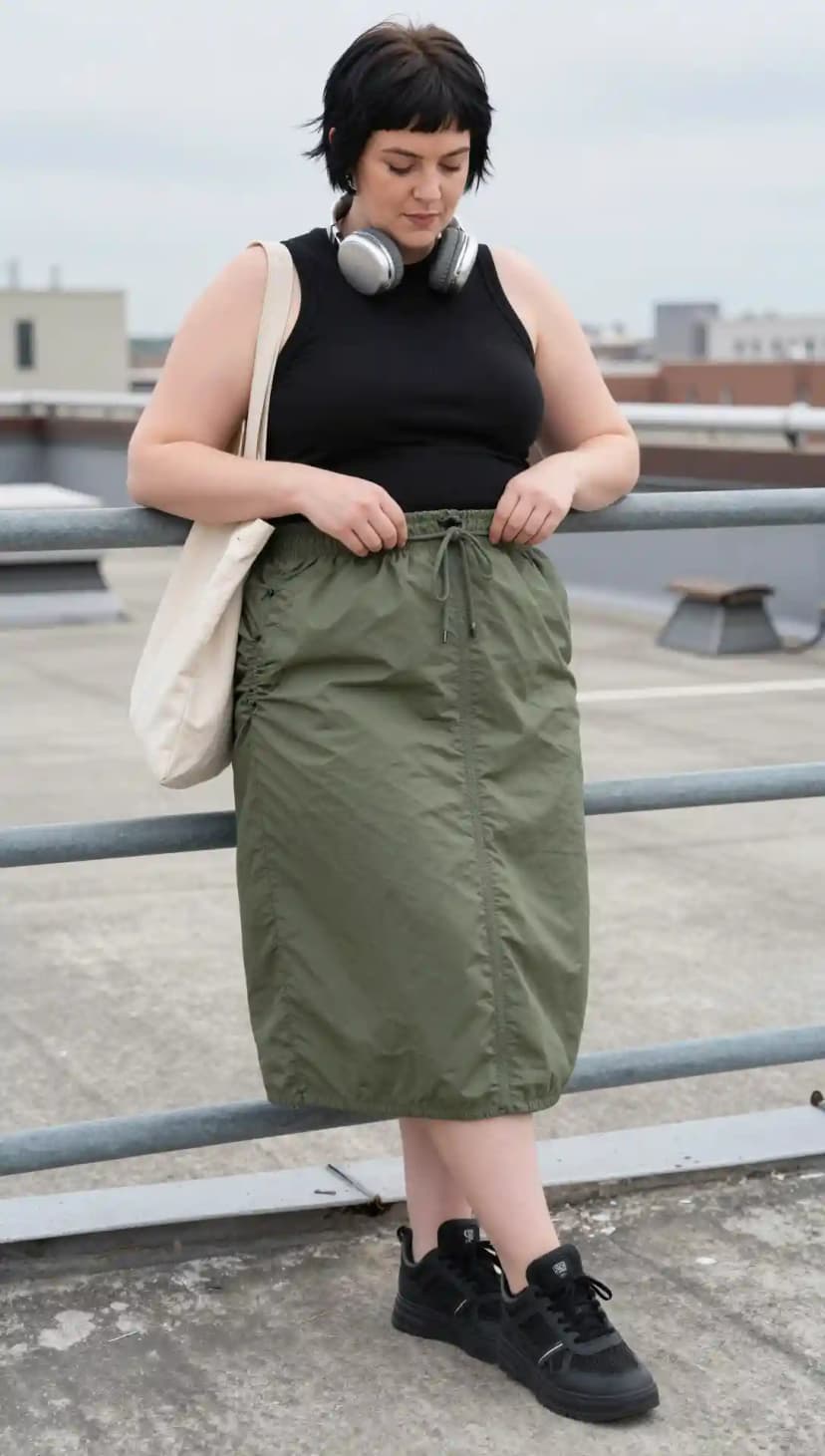 Black Ribbed Tank + Olive Nylon Midi Skirt + Black Leather Sneakers