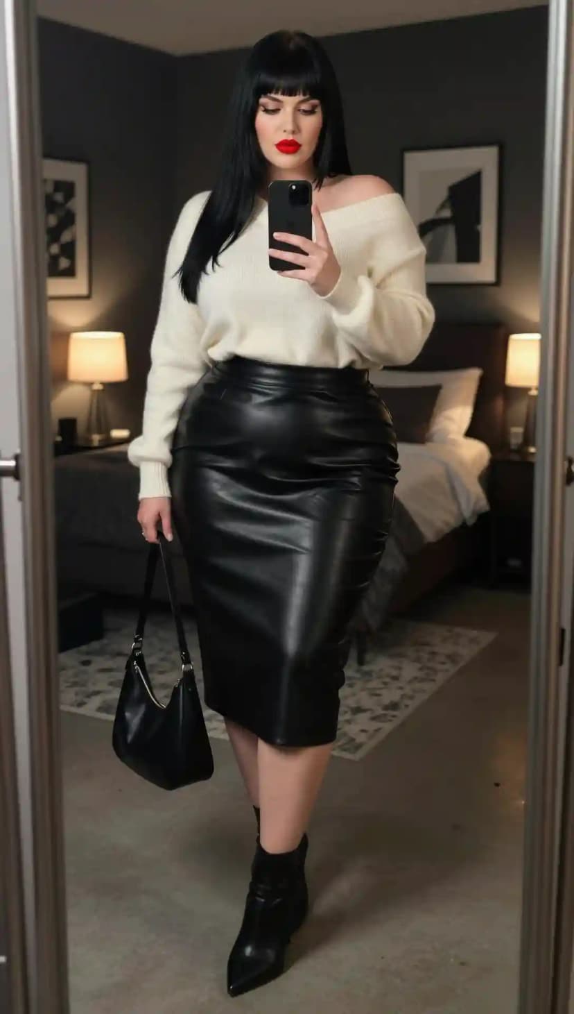 Cream Off-The-Shoulder Sweater + Black Faux Leather Pencil Skirt + Black Leather Ankle Boots