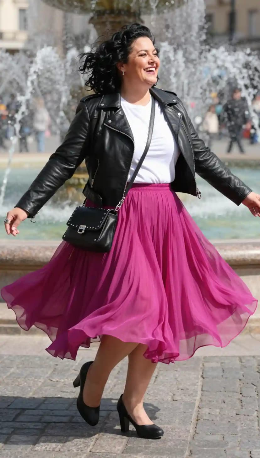 Black Leather Moto Jacket + White Crew Neck T-Shirt + Fuchsia Chiffon Midi Skirt