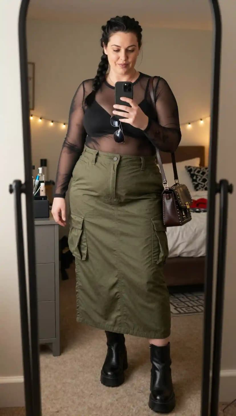 Black Mesh Long Sleeve Top + Olive Cargo Maxi Skirt + Black Leather Boots