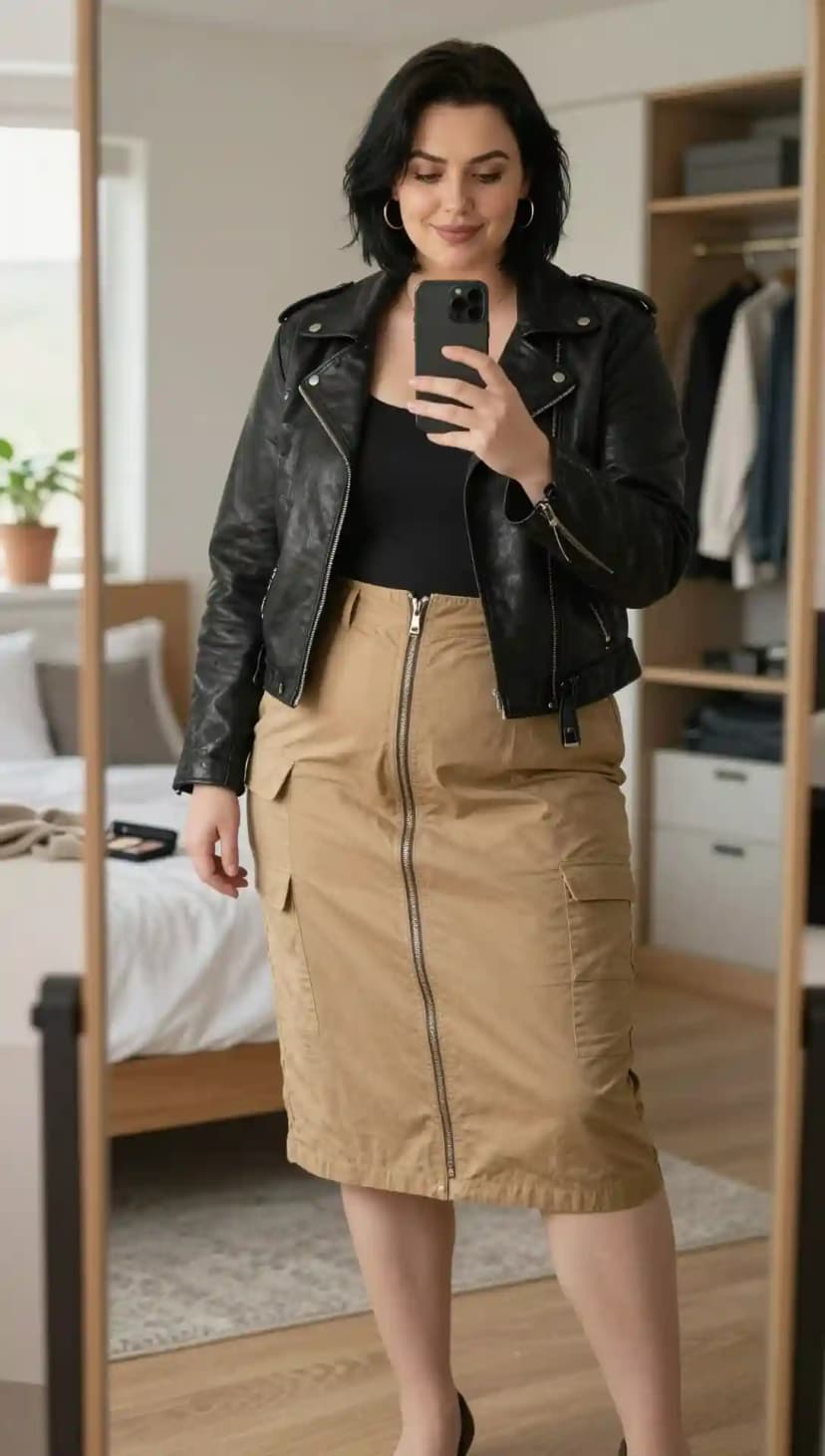 Black Leather Biker Jacket + Black Tank Top + Khaki Cotton Cargo Skirt