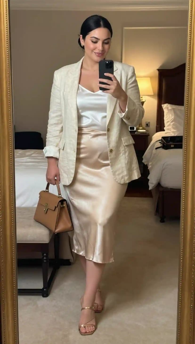 Cream Silk Camisole + Champagne Satin Midi Skirt + Cream Linen Blazer