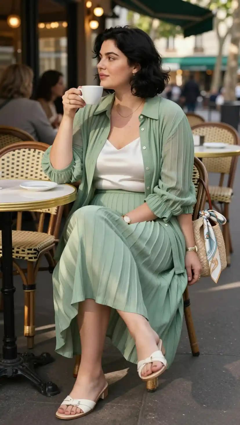 Sage Chiffon Button-Up Shirt + White Satin Camisole + Sage Pleated Maxi Skirt