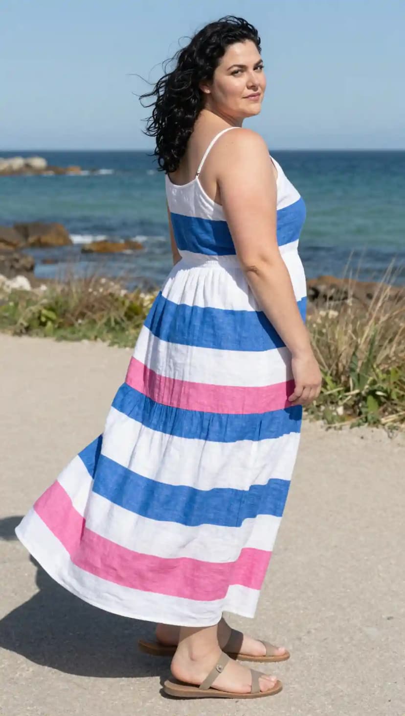 White Linen Stripe Maxi Dress + Taupe Flat Sandals