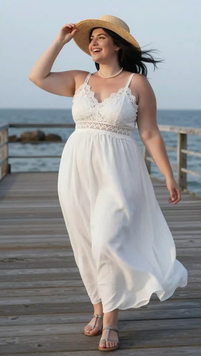 White Lace Trim Maxi Dress + Straw Sun Hat + Pearl Necklace + Silver Studded Sandals