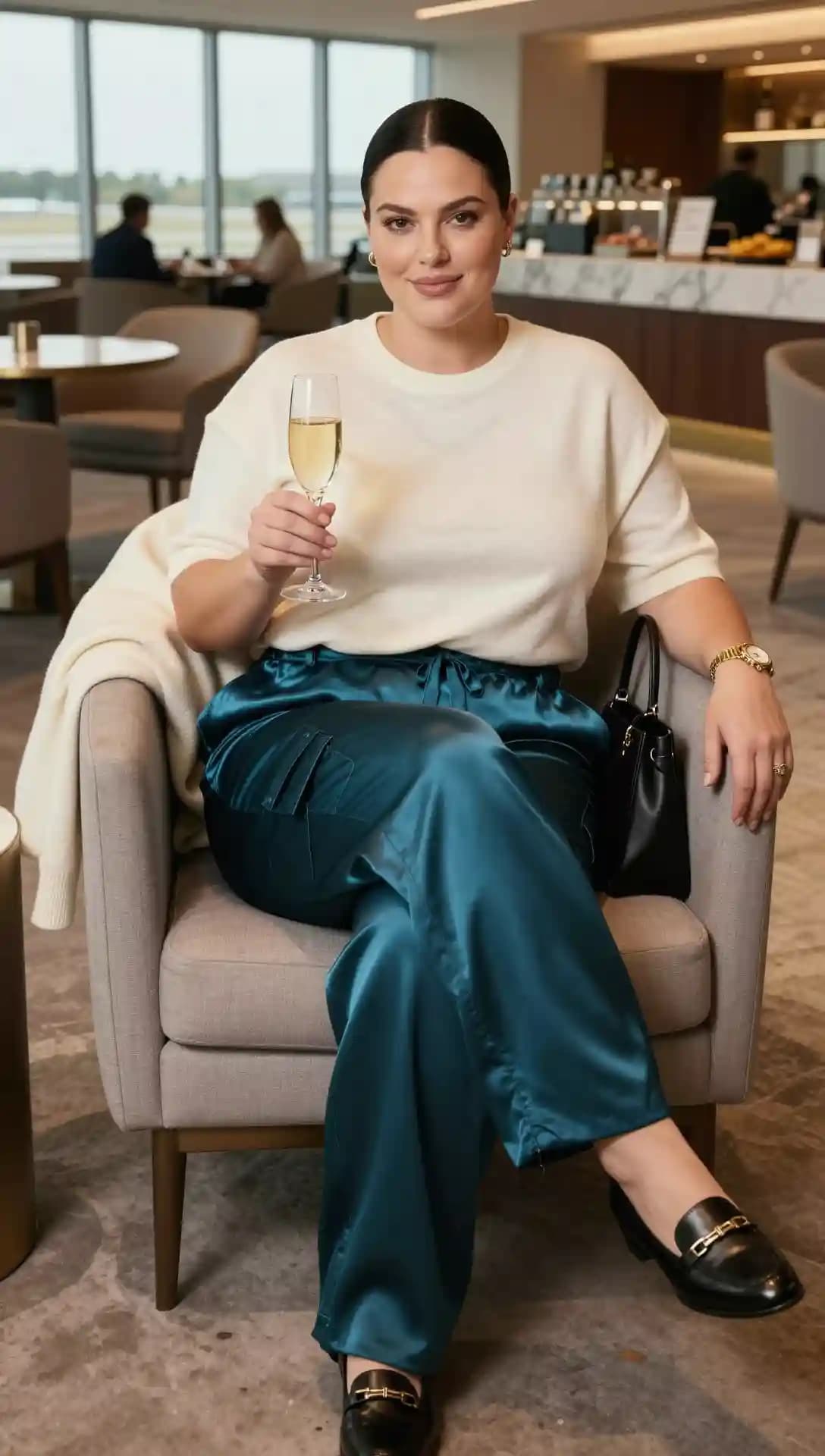 Cream Cashmere Sweater + Teal Satin Cargo Pants + Black Leather Loafers