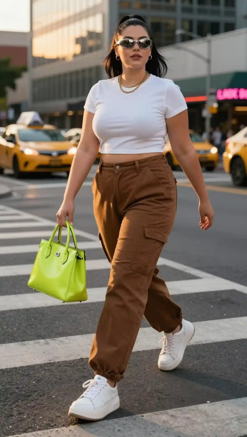 White Ribbed Cropped Top + Brown Cargo Pants + Chunky White Sneakers