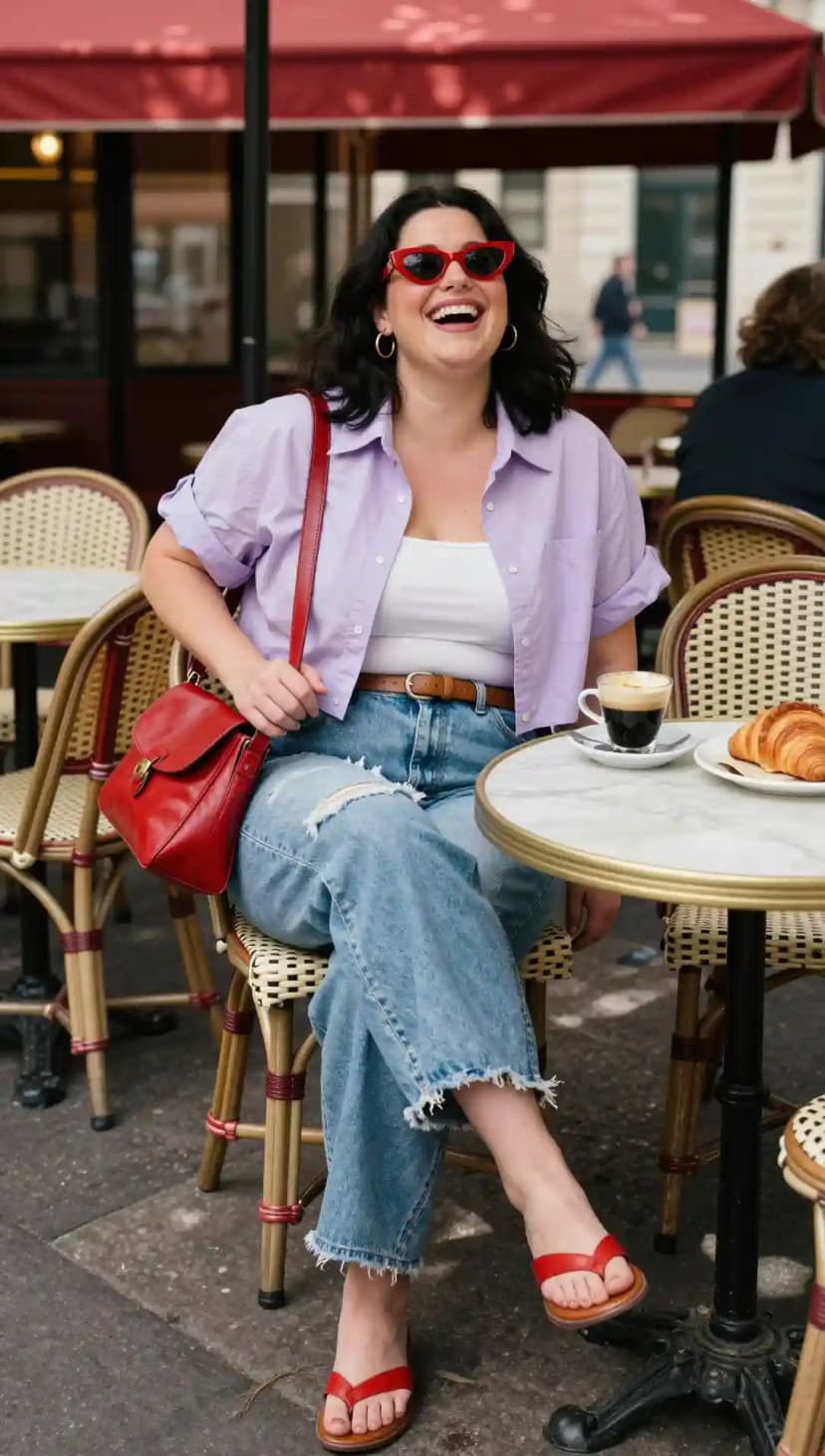 White Tank Top + Cropped Purple Button-Up Shirt + Distressed Jeans + Brown Belt + Red Sandals