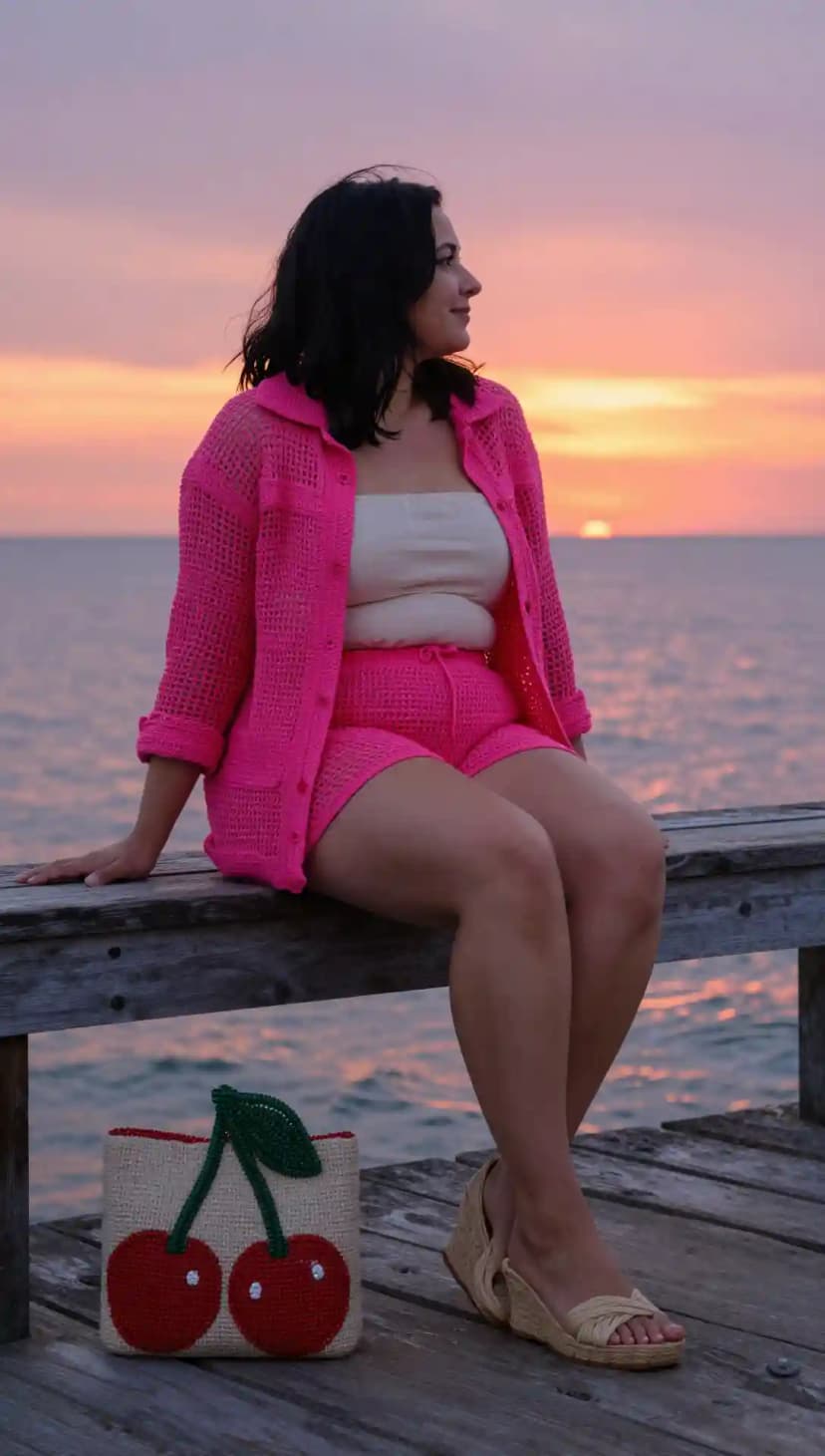 Pink Crochet Button-Up Shirt + Pink Crochet Shorts + Cream Bandeau Top + Woven Wedge Espadrilles + Cherry Straw Bag