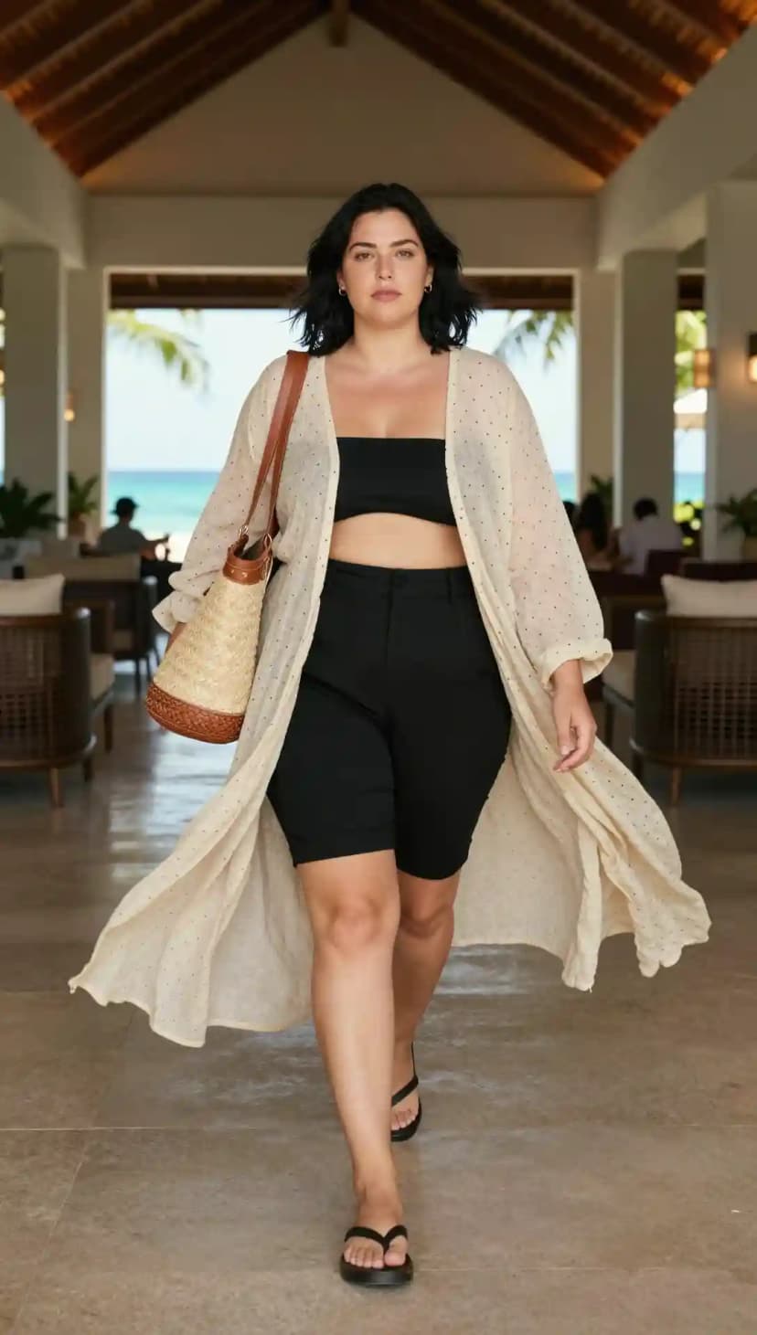 Black Tube Top + Black Biker Shorts + Beige Duster Kimono + Straw Tote Bag + Flip-Flops