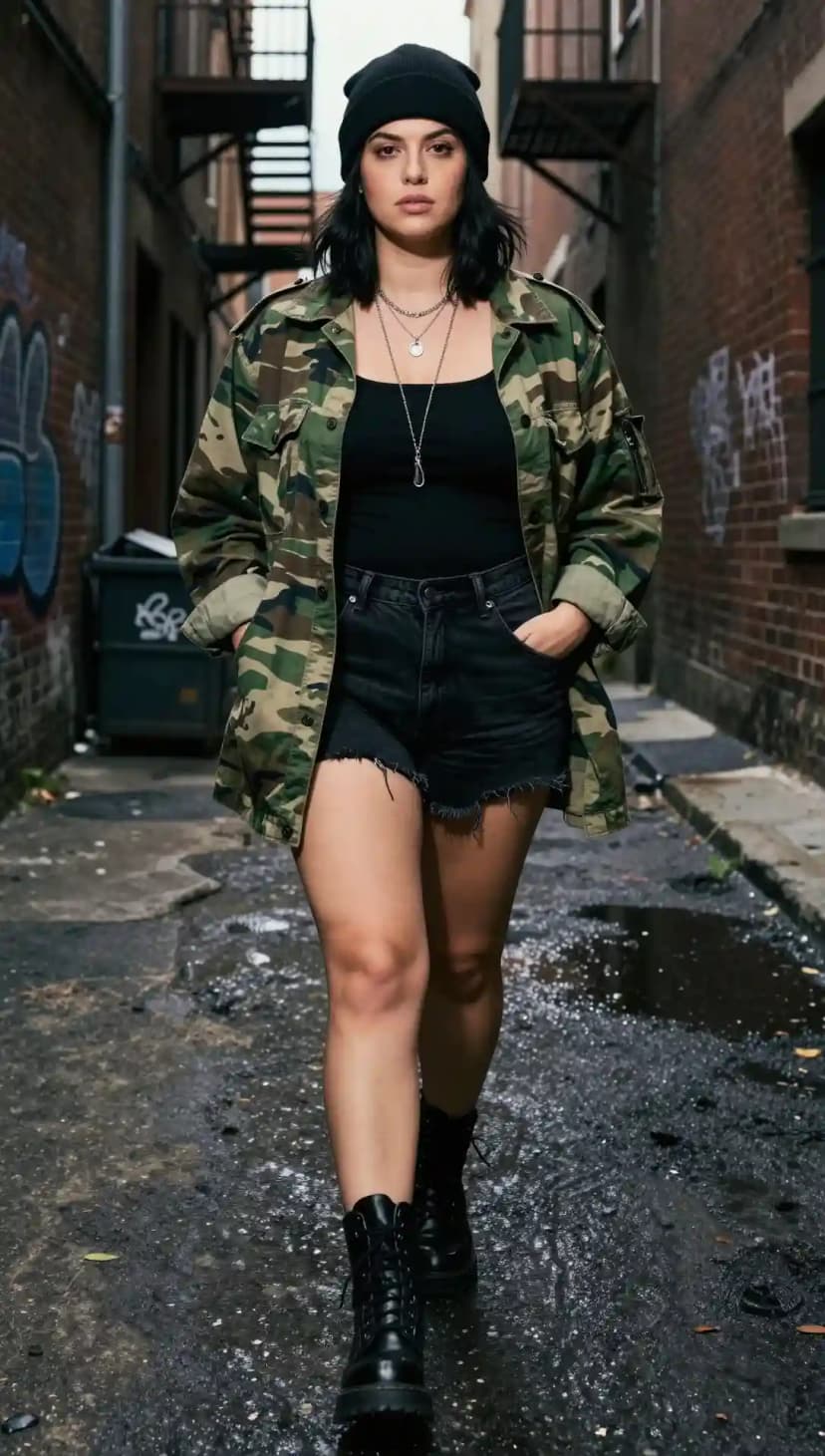 Black Tank Top + Black Distressed Denim Shorts + Camouflage Jacket + Beanie + Combat Boots