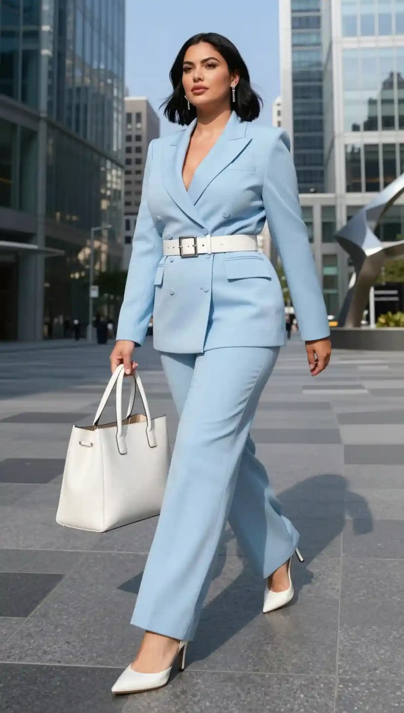 Light Blue Double-Breasted Blazer + Light Blue Trousers + White Belt + White Heels + White Tote Bag