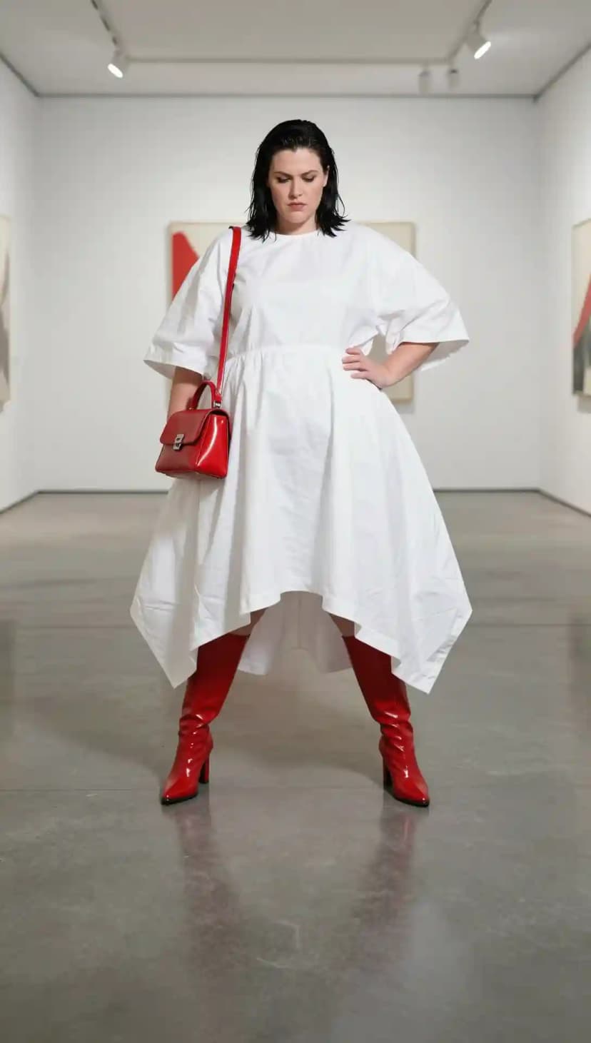 White Asymmetrical Dress + Red Patent Leather Boots + Red Handbag + Sunglasses