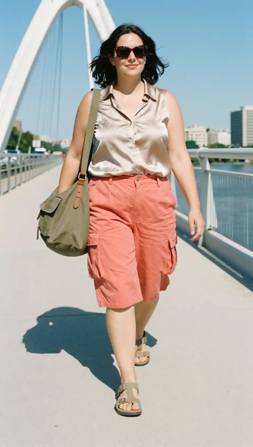 Champagne Satin Button-Up Shirt + Coral Cargo Shorts + Suede Sandals + Olive Green Shoulder Bag