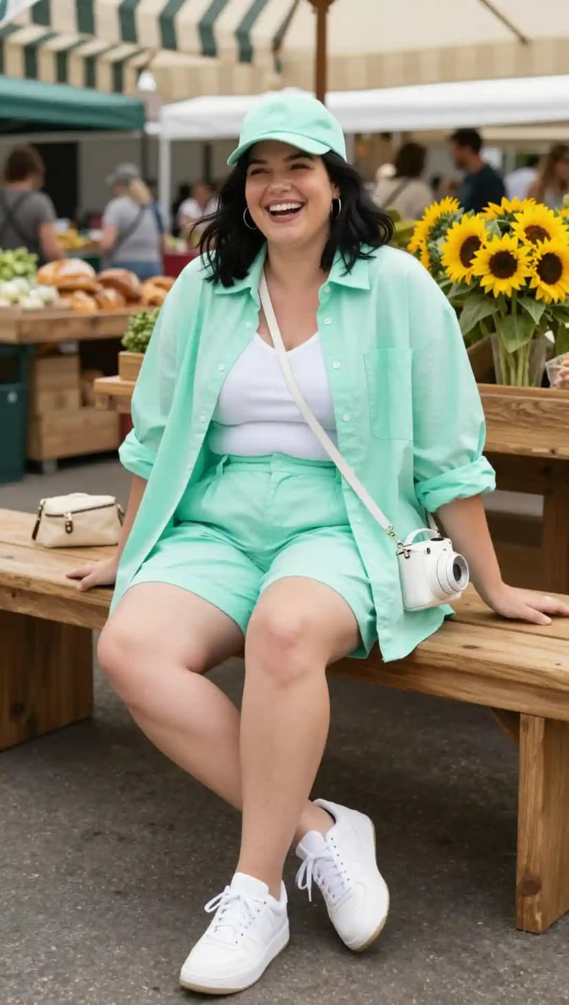Mint Green Oversized Button-Up Shirt + Mint Green Shorts + White Tank Top + White Sneakers + Baseball Cap