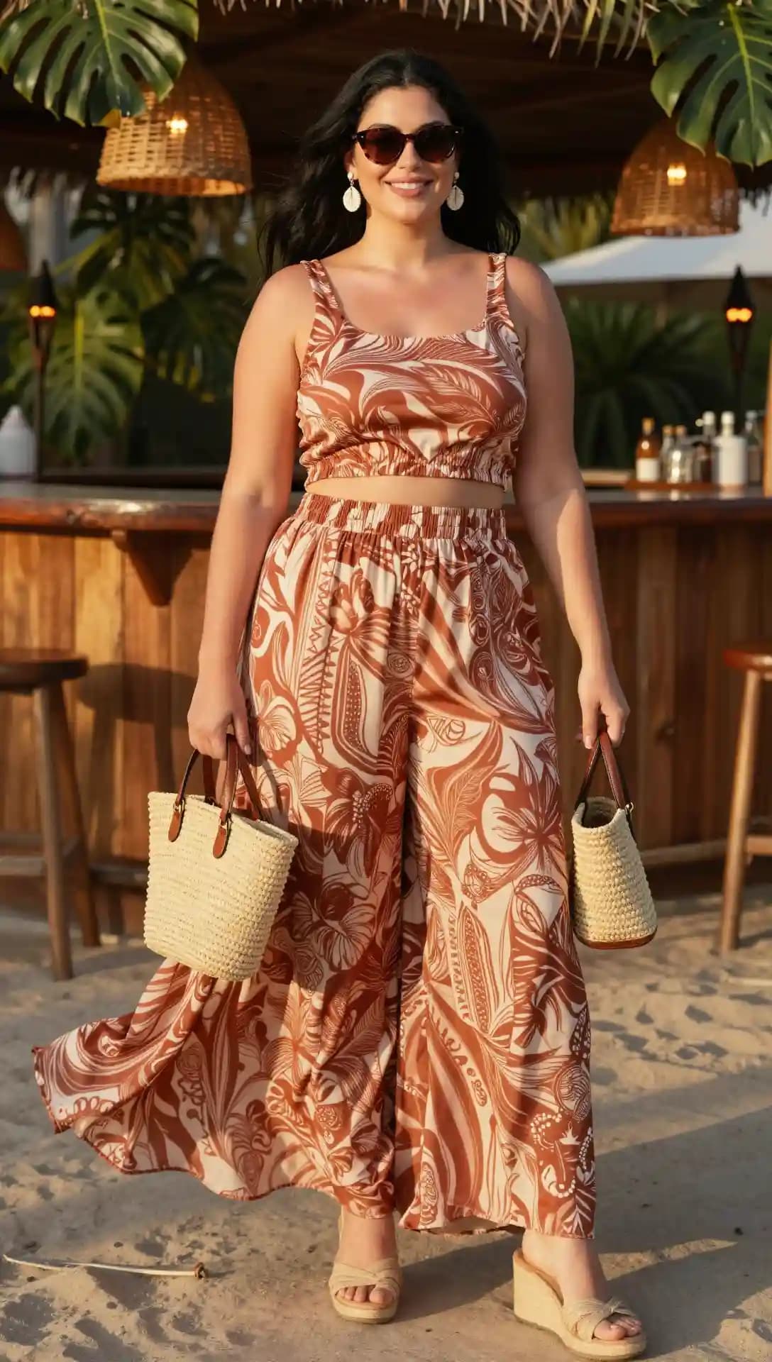 Brown Leaf Print Crop Top + Wide-Leg Pants