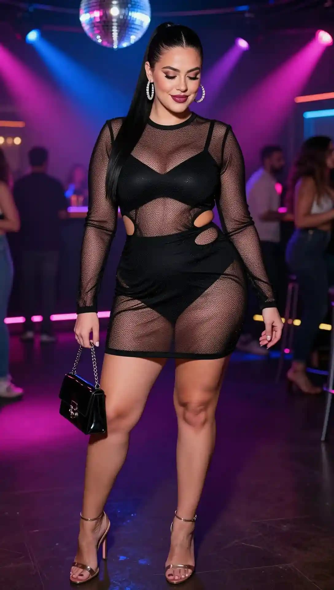 Black Mesh Cut-Out Dress + Black Bikini Top + Gold Strappy Heels