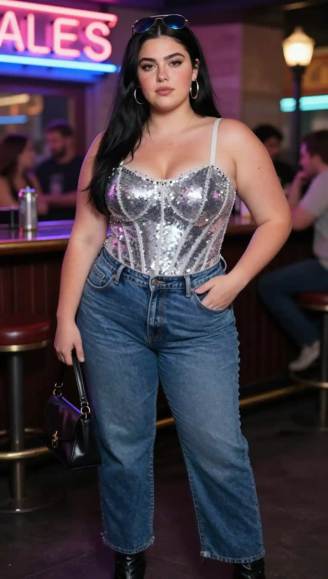 Silver Sequin Corset Top + High-Waisted Straight-Leg Jeans + Black Shoulder Bag