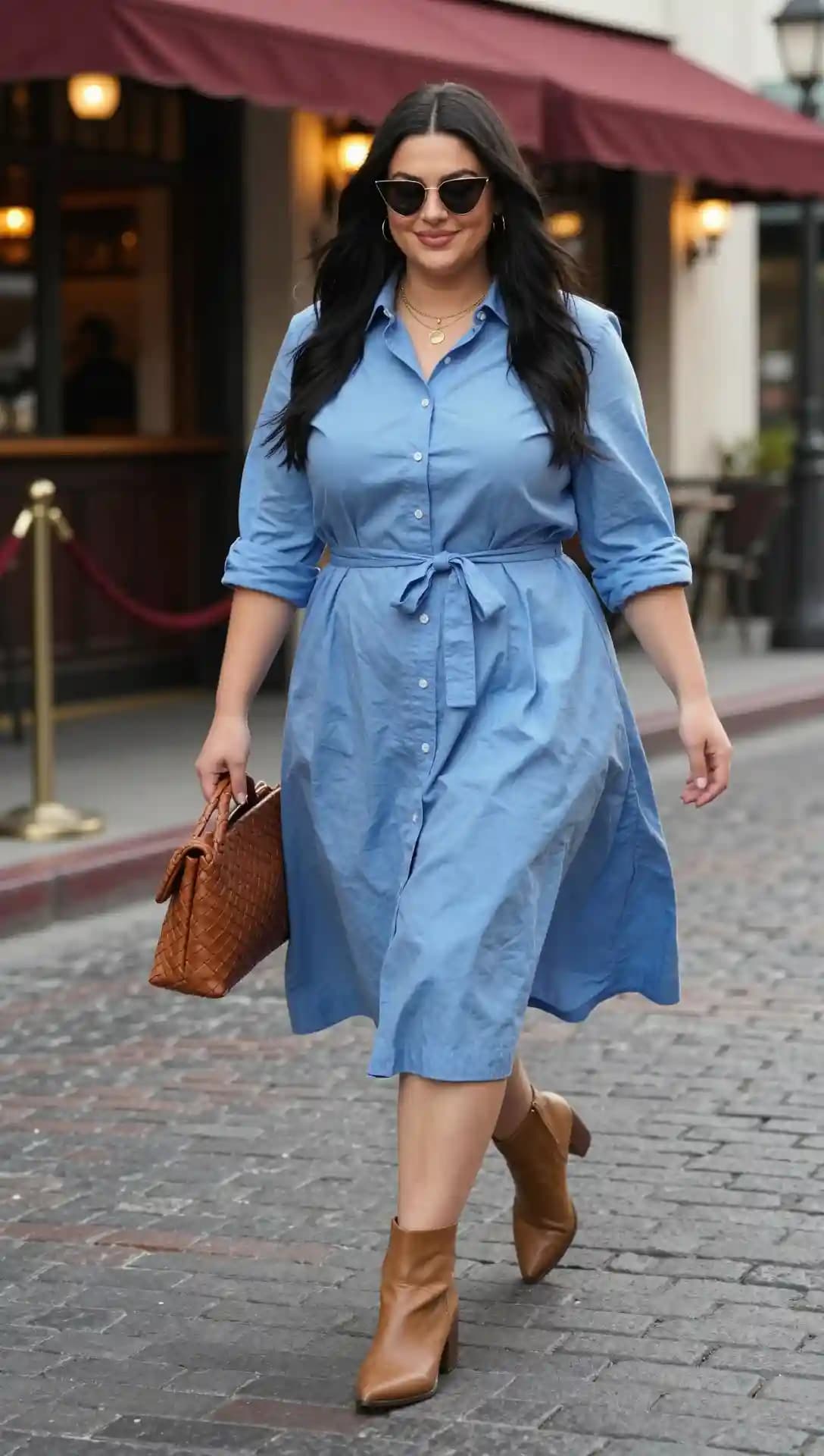 Blue Cotton Shirtdress + Tan Leather Ankle Boots + Woven Tote Bag