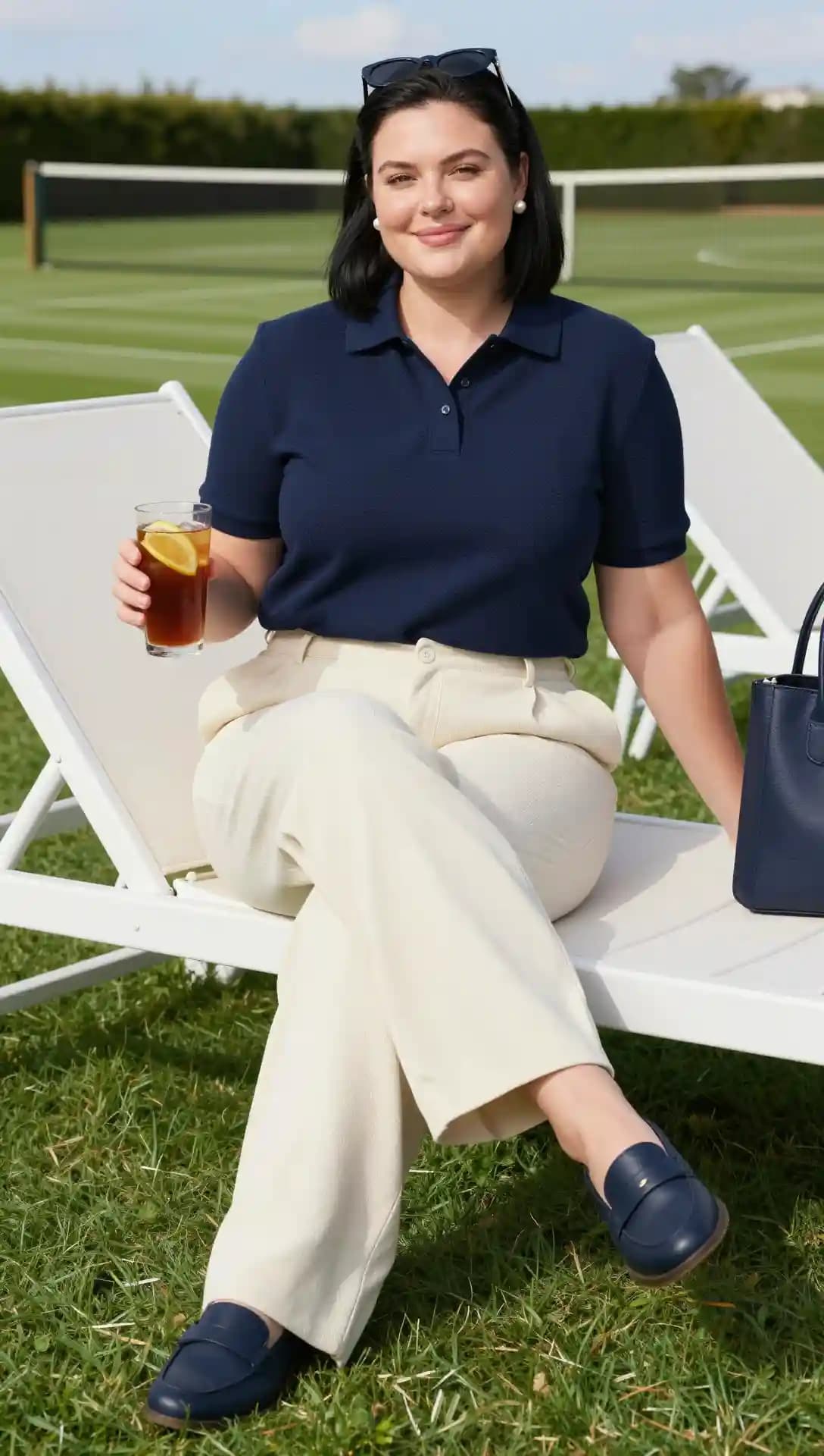Navy Knit Polo Shirt + Cream Textured Trousers + Navy Leather Loafers