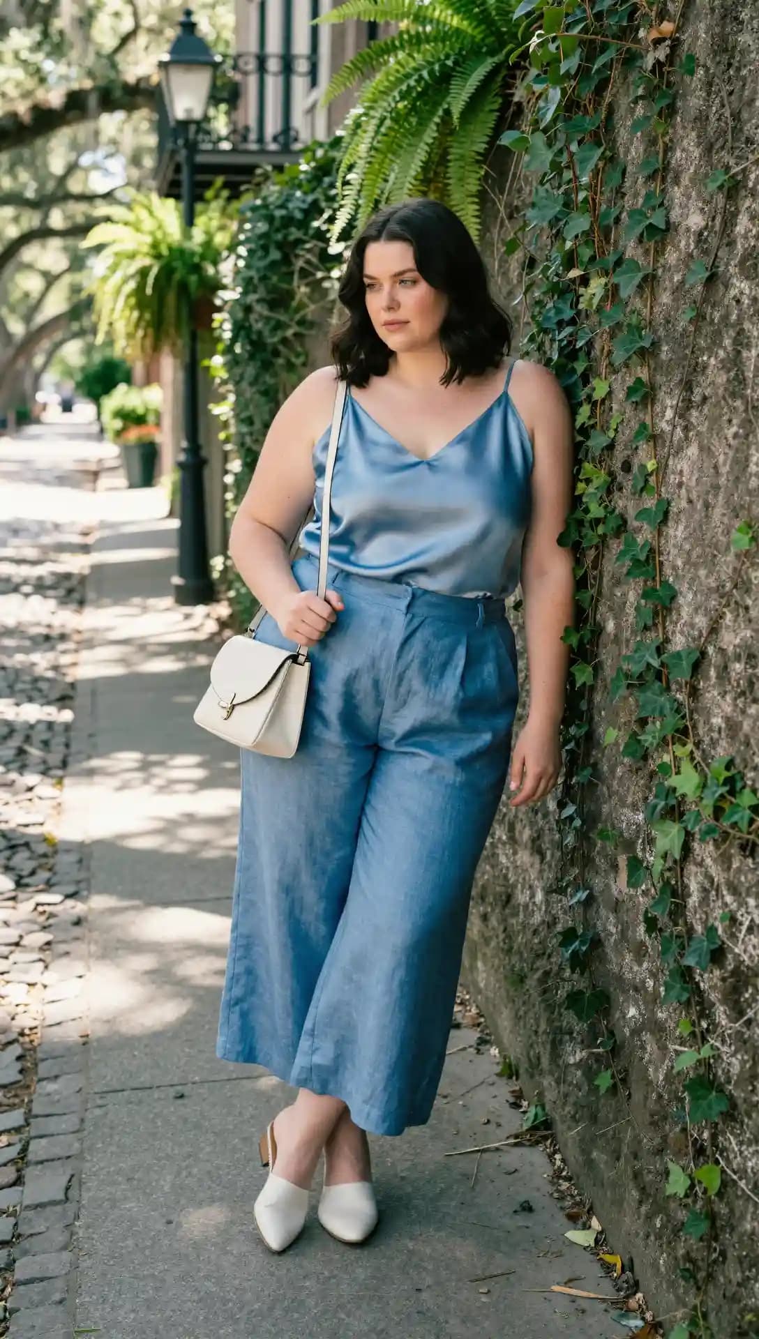 Light Blue Satin Cami + Wide Leg Linen Pants + White Mules + Cream Crossbody Bag