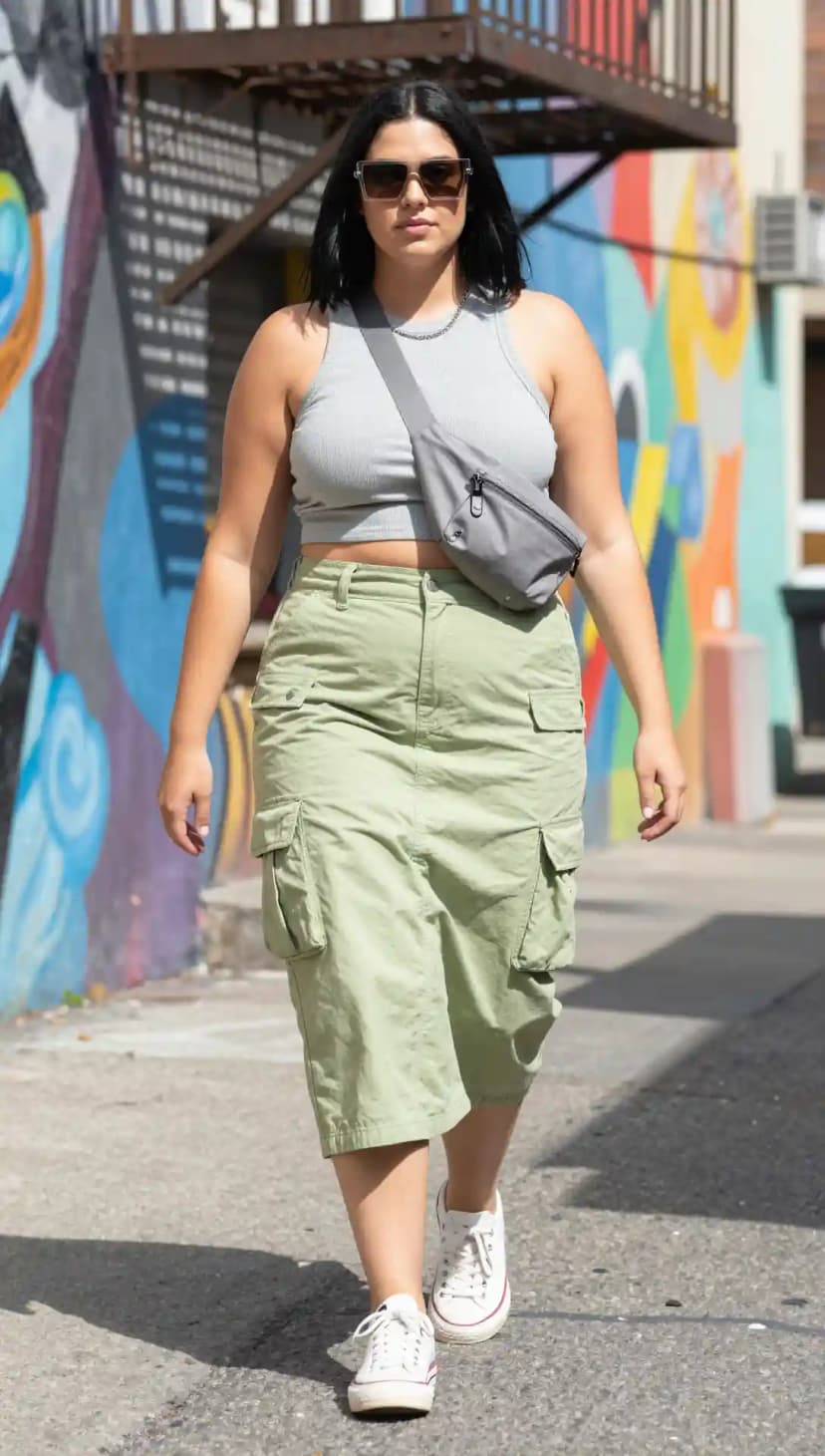 Grey Ribbed Crop Tank Top + Olive Green Cargo Skirt + Grey Fanny Pack + White Sneakers