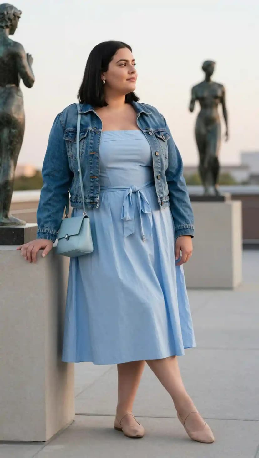 Light Blue Strapless Dress + Denim Jacket + Nude Ballet Flats + Light Blue Shoulder Bag