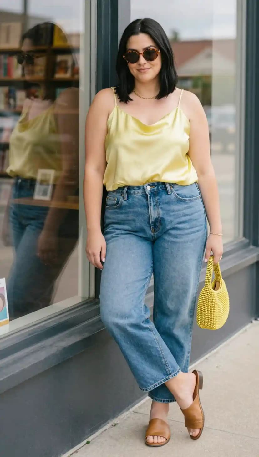 Yellow Cowl Neck Satin Top + Blue Straight Leg Jeans + Brown Slide Mules + Yellow Beaded Bag + Sunglasses