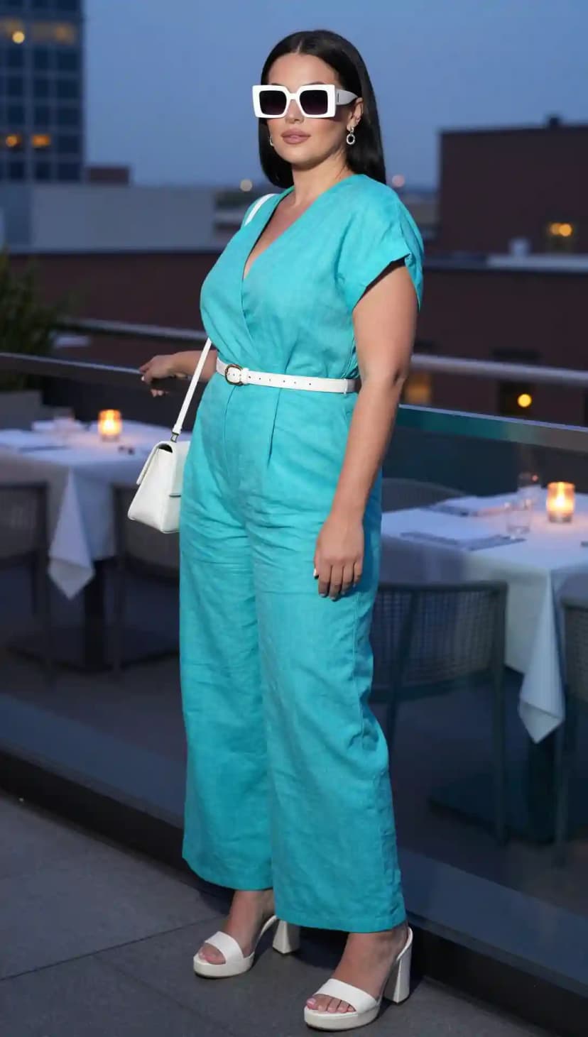 White Crop Top + Teal Linen Shirt + Teal Linen Pants + White Belt + White Platform Mules + White Sunglasses + Hoop Earrings