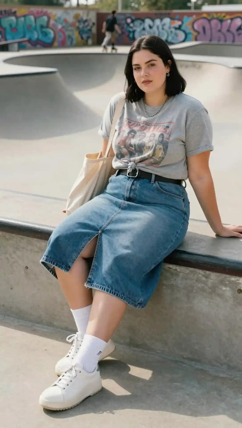 Grey Graphic T-Shirt + Denim Midi Skirt + Black Belt + White Sneakers + White Socks + Tote Bag